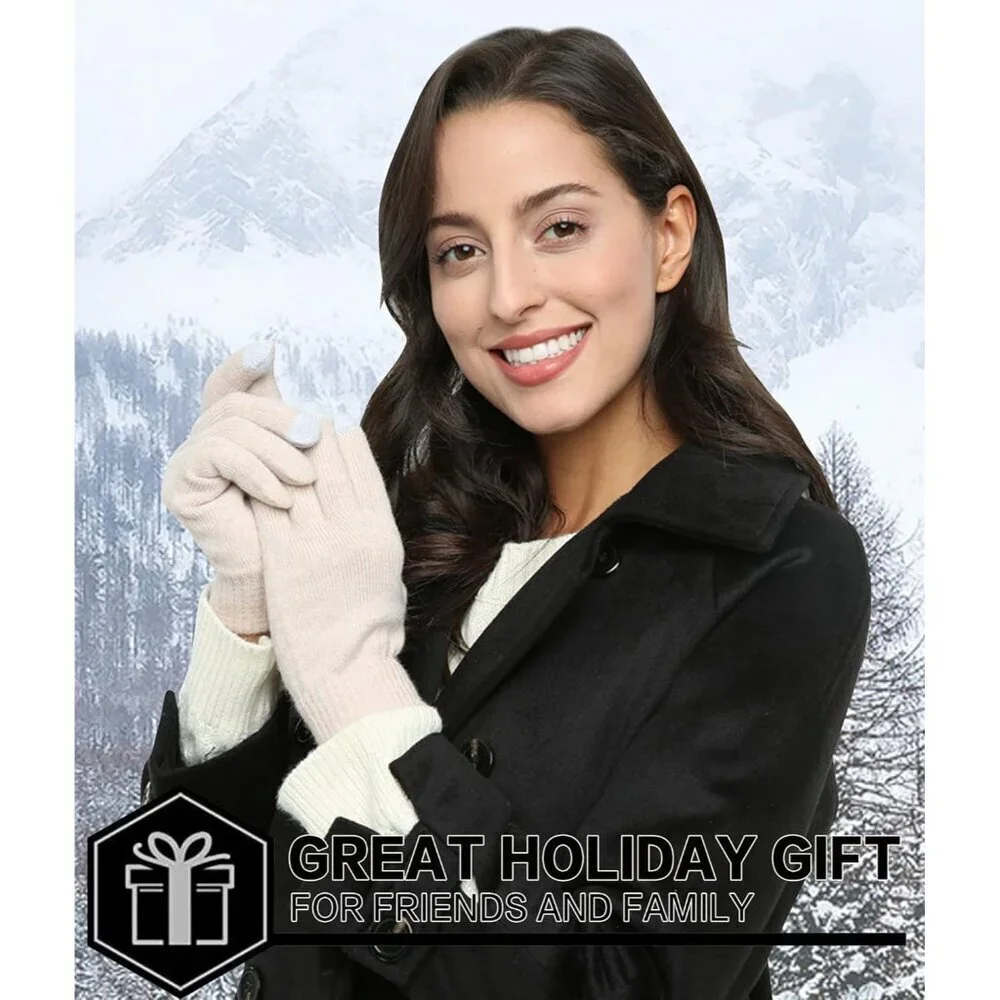 Women's Beige Winter Touchscreen Wool Magic Warm Knit Fleece Lined Gloves